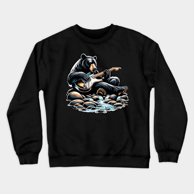 Black Bear Playing Electric Guitar Crewneck Sweatshirt by Merchweaver